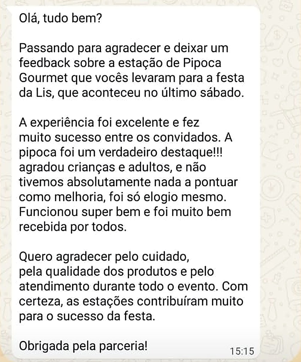 Print de mensagem de cliente elogiando a Guga Pipocas (1 de 8)