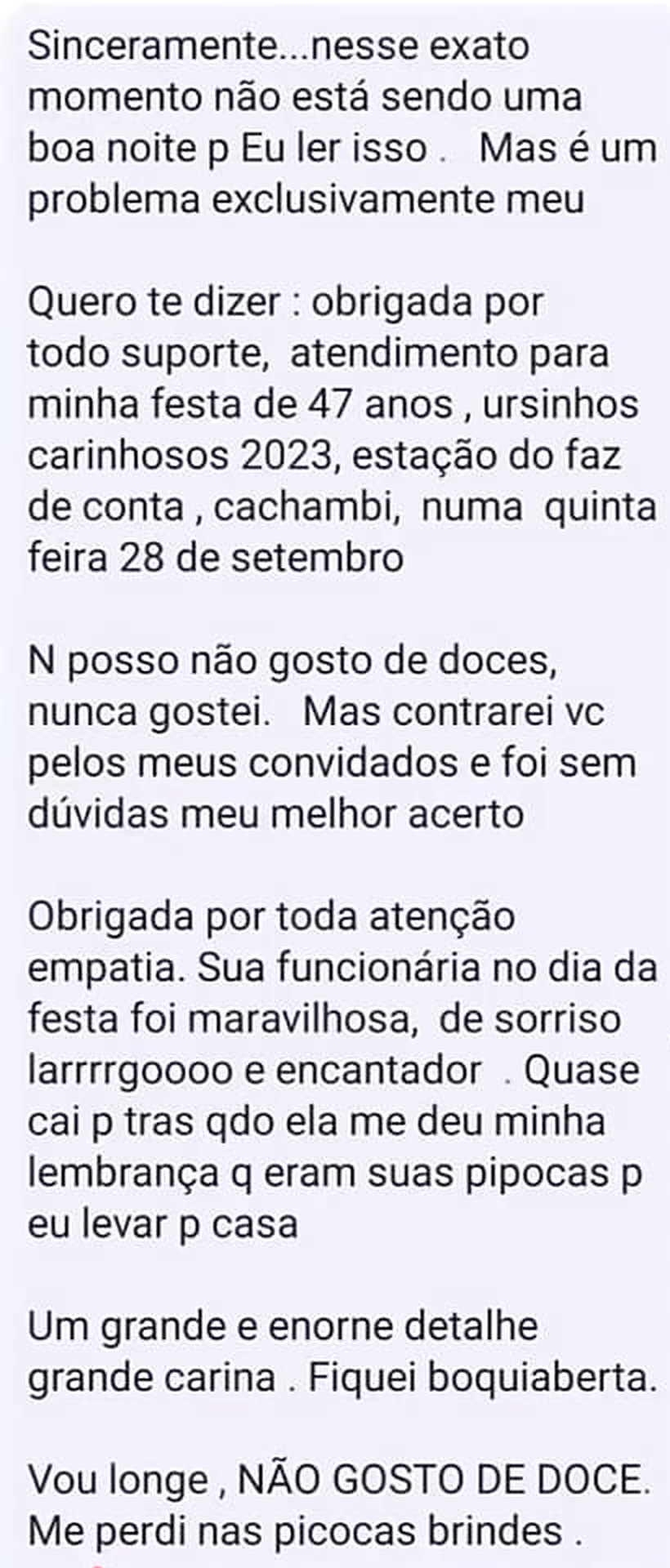Print de mensagem de cliente elogiando a Guga Pipocas (2 de 8)