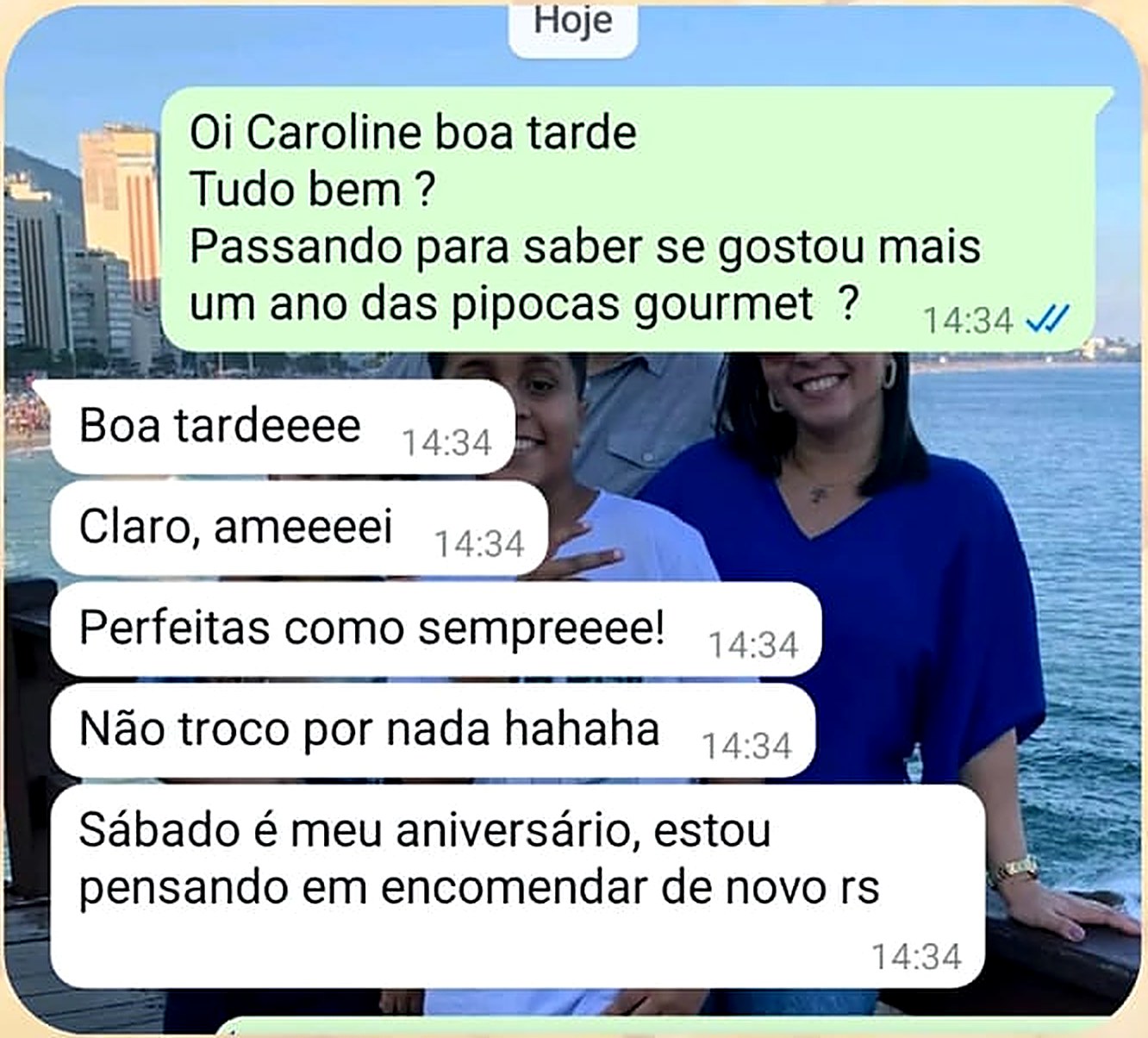 Print de mensagem de cliente elogiando a Guga Pipocas (6 de 8)