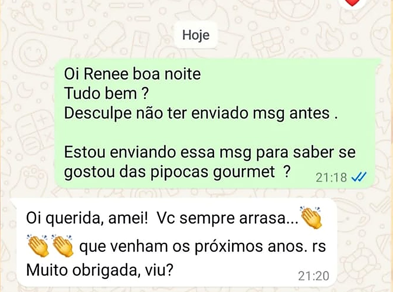 Print de mensagem de cliente elogiando a Guga Pipocas (8 de 8)